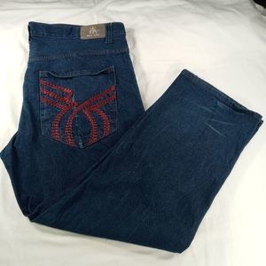 Red Ape brand jeans men's size 44W x 32L 5 pocket XXL dark wash red embroidery